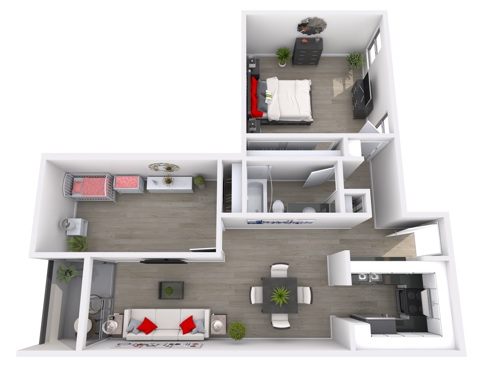 Floor plan for 2 beds, 1 bath, 848 sqft